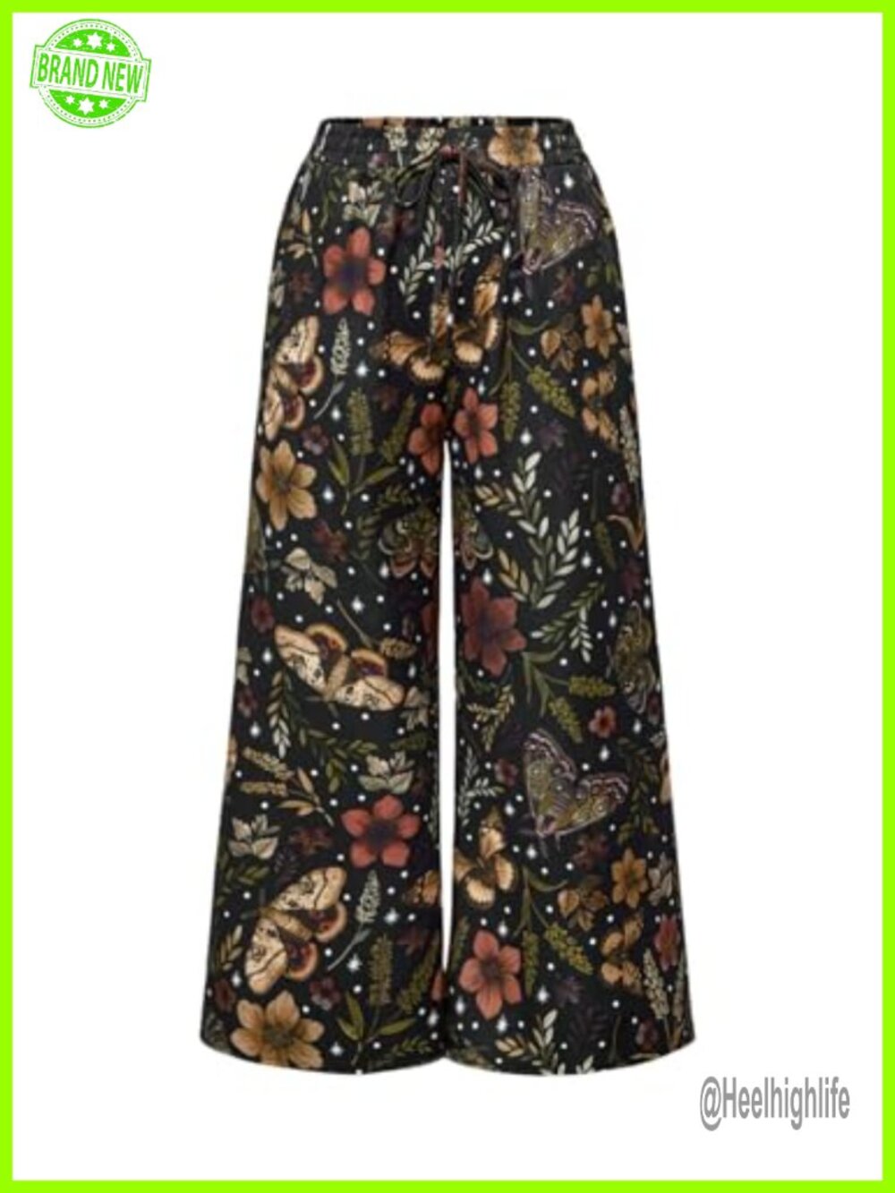 Plus Size Butterfly Floral Print Wide Leg Palazzo Pants Loose Fit High Rise
